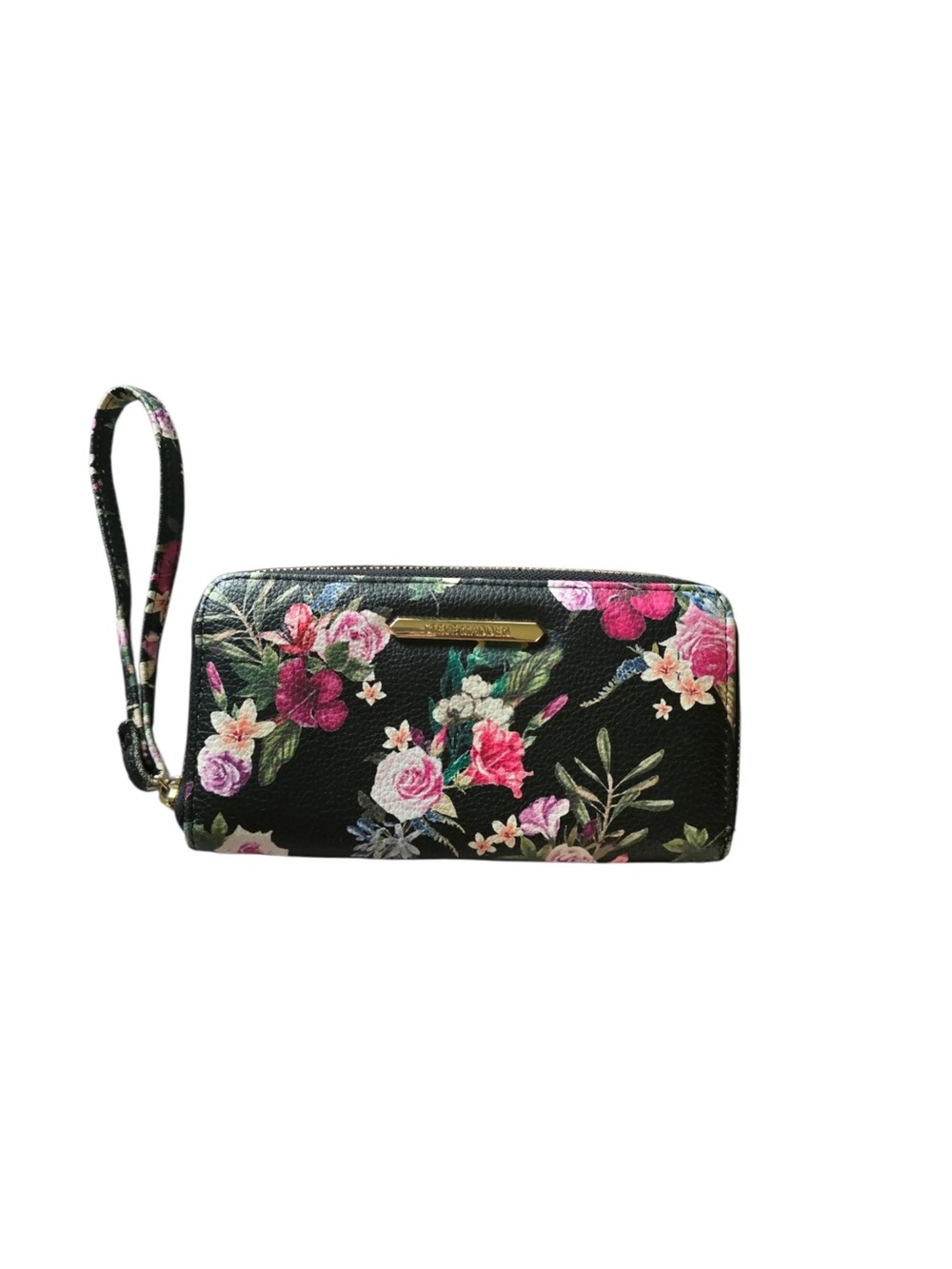 Betsey Johnson Black Floral Zip Wristlet with Pink Blooms